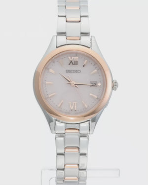 SEIKO SELECTION S SERIES SOLAR RADIO WAVE ROUND FACE SILVER & PINK GOLD WOMEN WATCH SWFH132