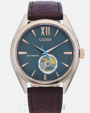 CITIZEN MECHANICAL ANALOG OPEN HEART BROWN STRAP GREY DIAL MEN WATCH NB4003-01H