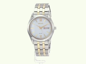 SEIKO SELECTION SOLAR DAY-DATE SILVER & YELLOW GOLD STRAP MEN WATCH SBPX085