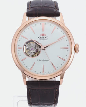 ORIENT BAMBINO AUTOMATIC OPEN HEART LEATHER STRAP GOLD MEN WATCH RN-AG0004S