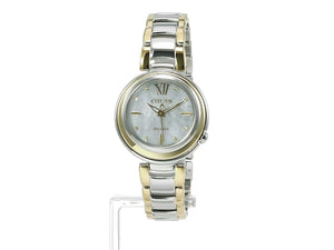 CITIZEN L ECO-DRIVE SOLAR SILVER & GOLD STRAP PEARL COLORED DIAL LADIES WATCH EM0339-85D