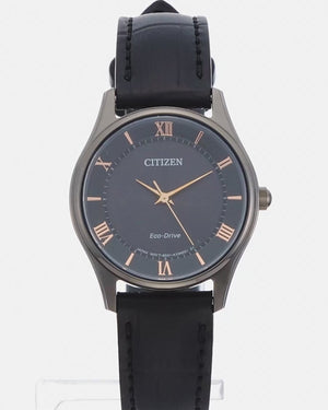 CITIZEN COLLECTION ECO-DRIVE ANALOG ALL BLACK LEATHER STRAP LADIES WATCH EM0406-12E