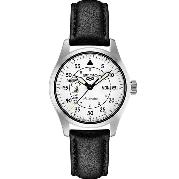 Seiko 5 Sports Peanuts White Dial Leather Band Snoopy Men
